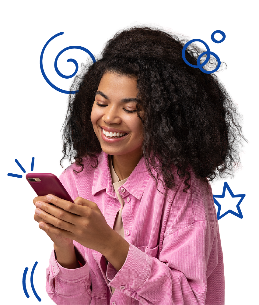 Learn French hero image of a woman holding a phone