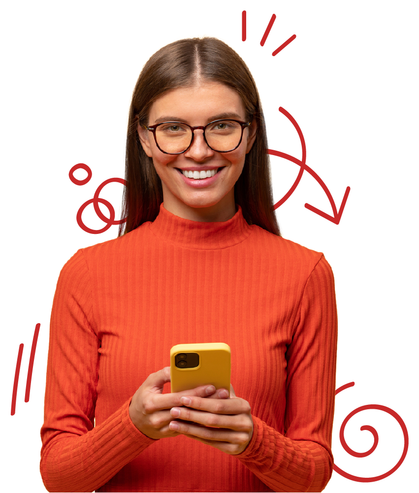 Learn German hero image of a woman holding a phone