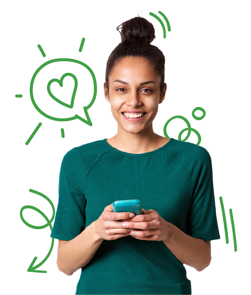 Learn Arabic (Egyptian) hero image of a woman holding a phone