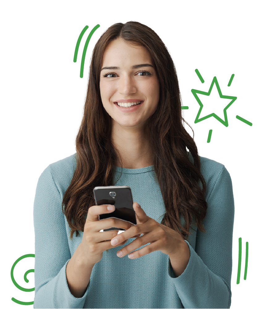 Learn Bulgarian hero image of a woman holding a phone