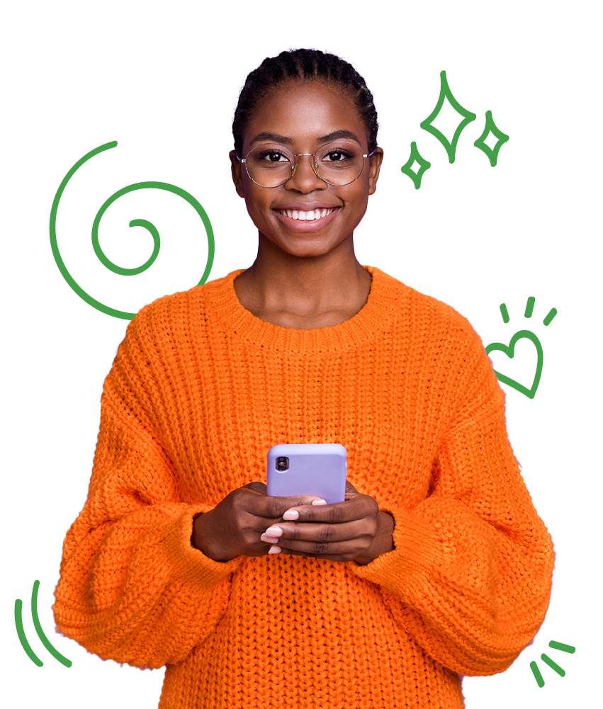 Learn Swahili hero image of a woman holding a phone