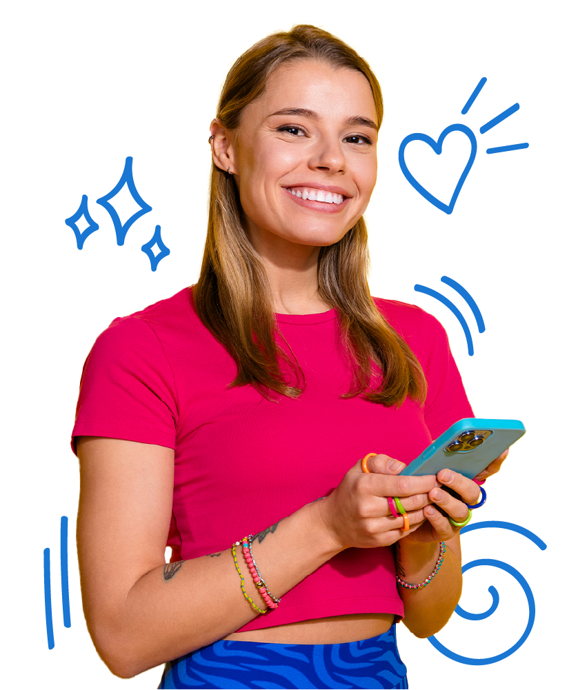 Learn Estonian hero image of a woman holding a phone