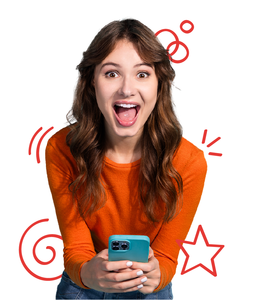 Learn Latvian hero image of a woman holding a phone