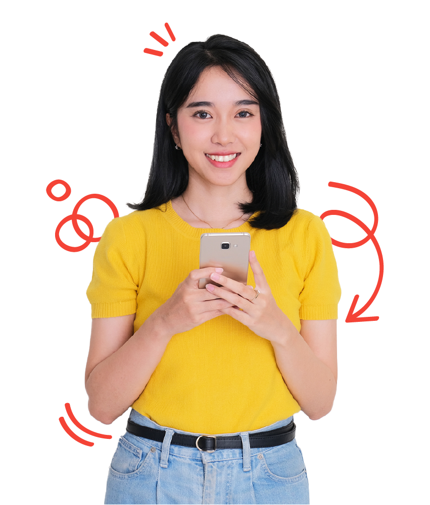 Learn Lao hero image of a woman holding a phone