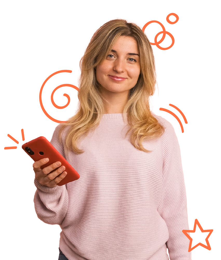 Learn German (Swiss) hero image of a woman holding a phone