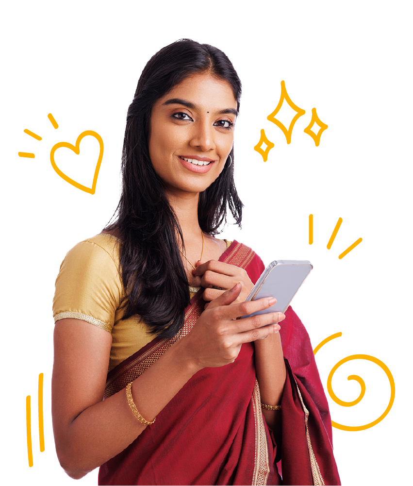 Learn Sinhala hero image of a woman holding a phone