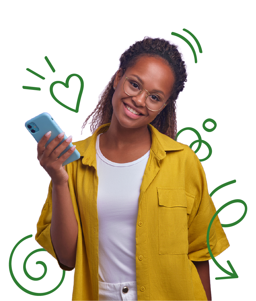 Learn Wolof hero image of a woman holding a phone